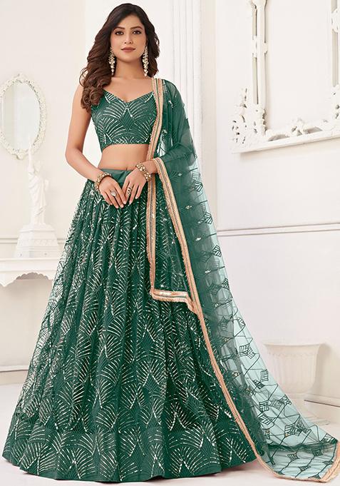 Green Sequin Embroidered Net Lehenga Set