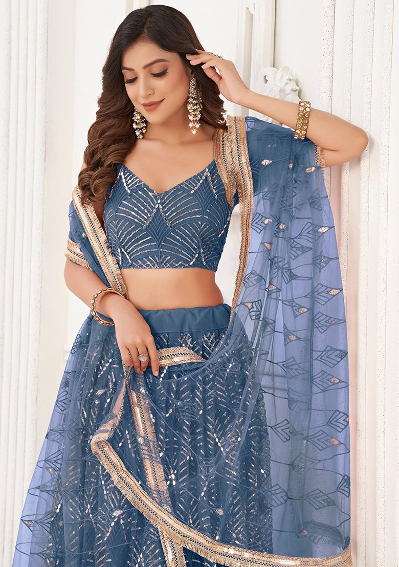 Blue Sequin Embroidered Net Lehenga Set