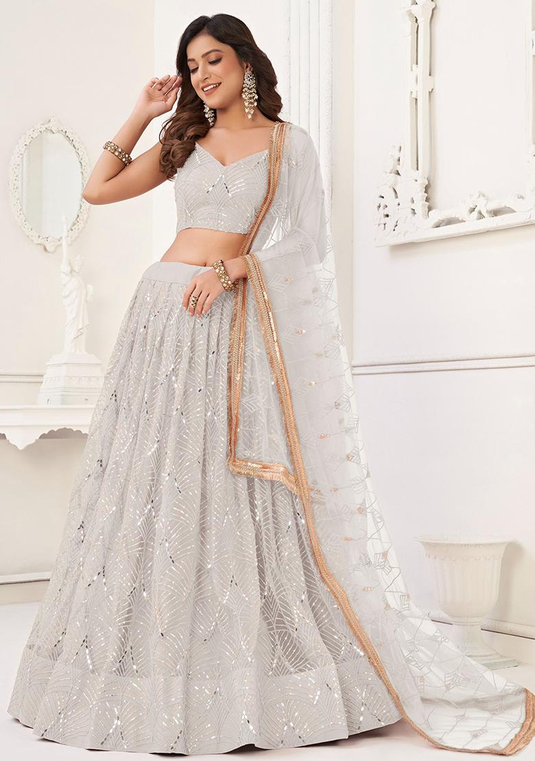Off White Sequin Embroidered Net Lehenga Set