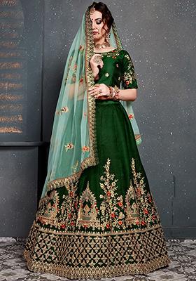 Green Embroidered Silk Lehenga Set