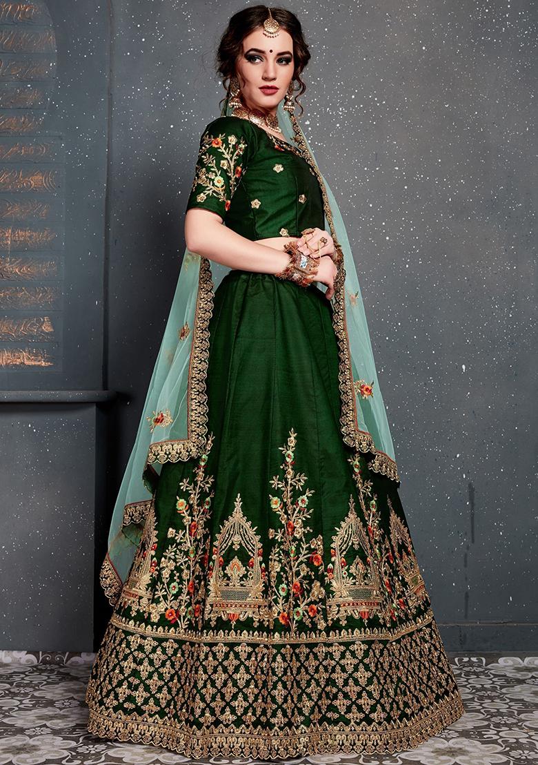 Green Embroidered Silk Lehenga Set