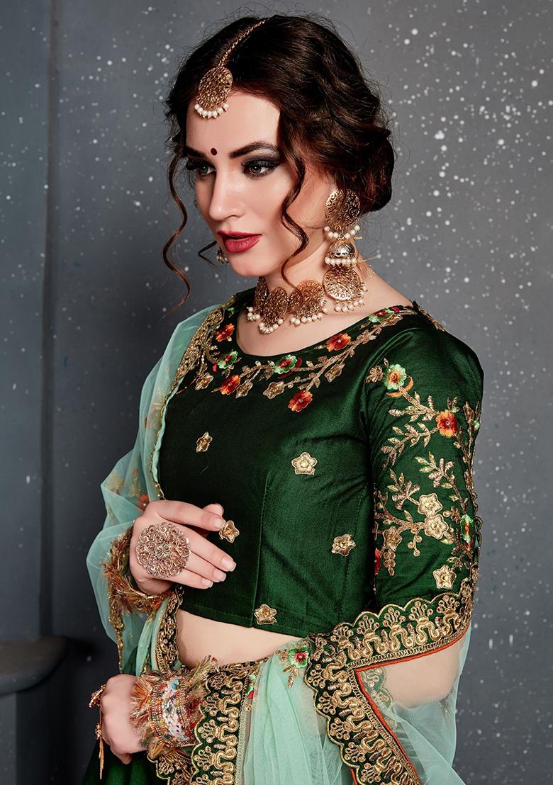 Green Embroidered Silk Lehenga Set