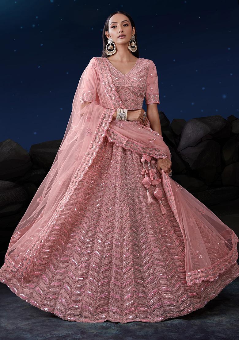 Pink Sequin Embroidered Net Lehenga Set