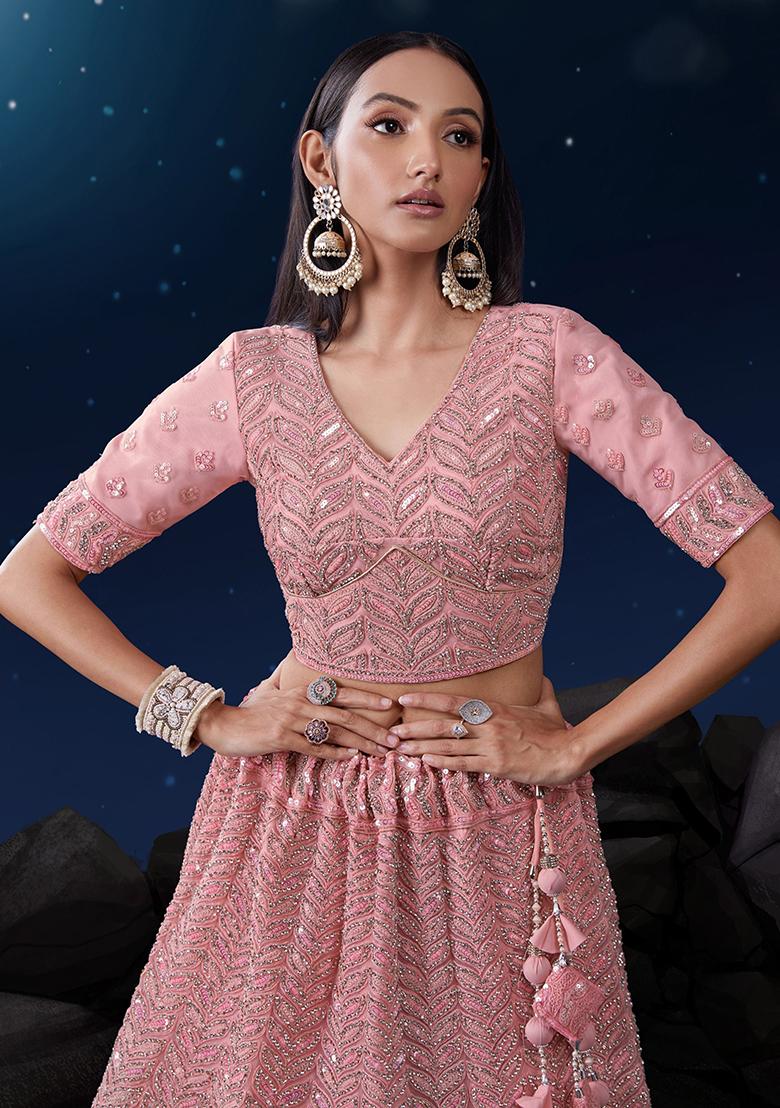Pink Sequin Embroidered Net Lehenga Set
