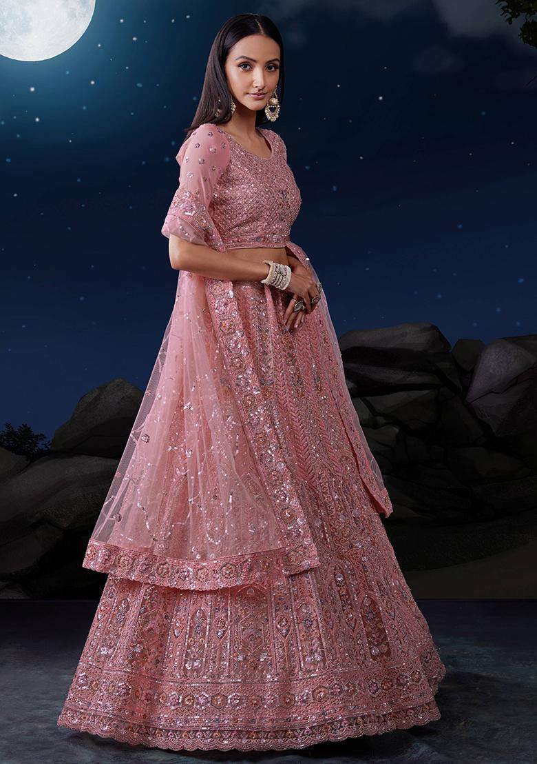 Pink Sequin Embroidered Net Lehenga Set