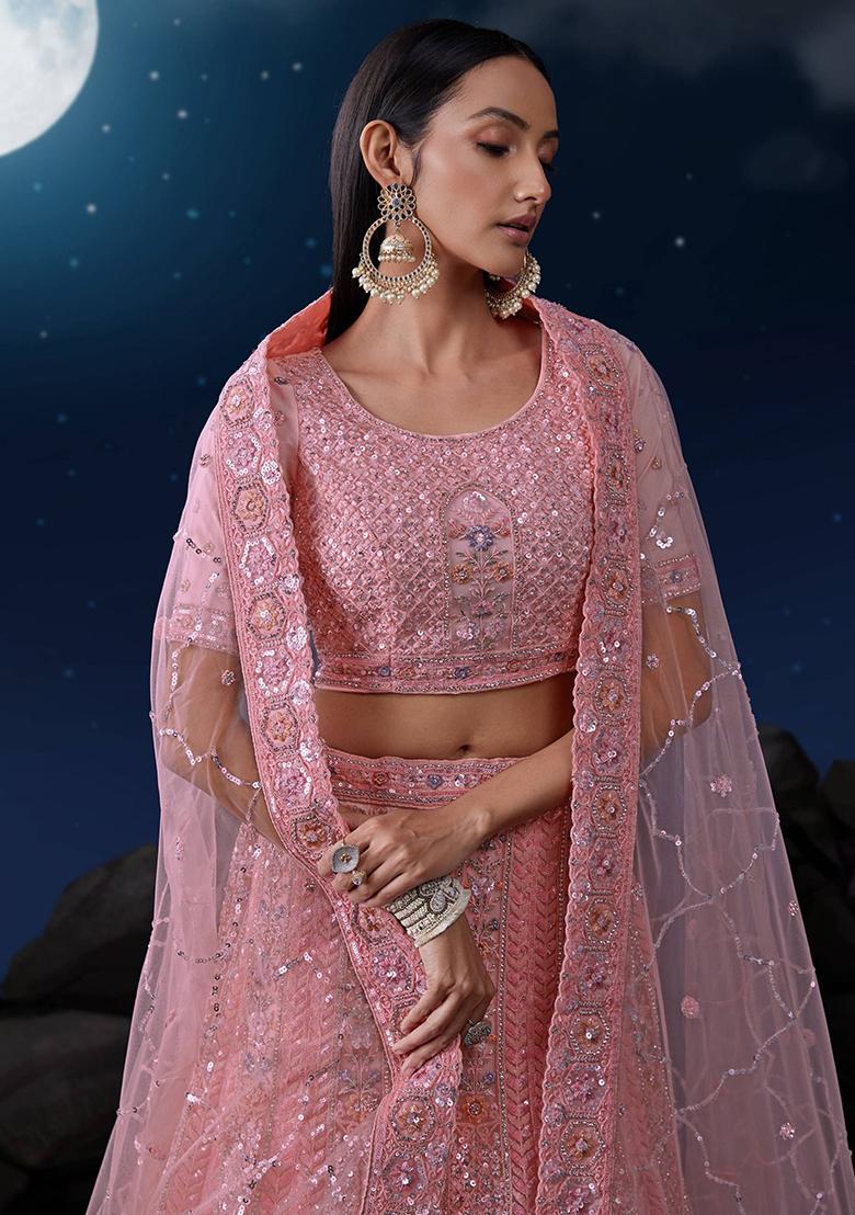 Pink Sequin Embroidered Net Lehenga Set