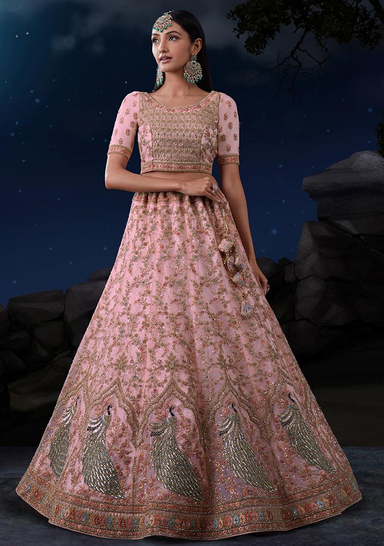 Pink Sequin Embroidered Net Lehenga Set