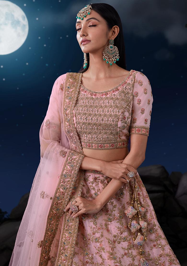 Pink Sequin Embroidered Net Lehenga Set