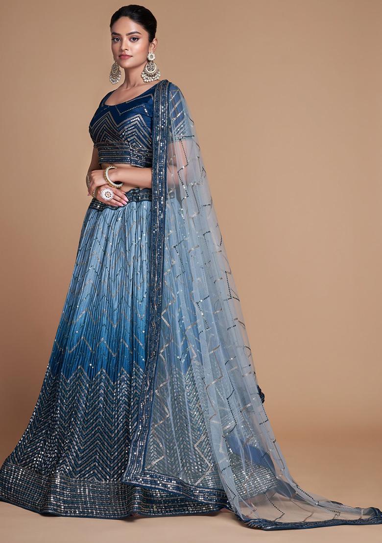 Blue Sequin Embroidered Chinon Lehenga Set