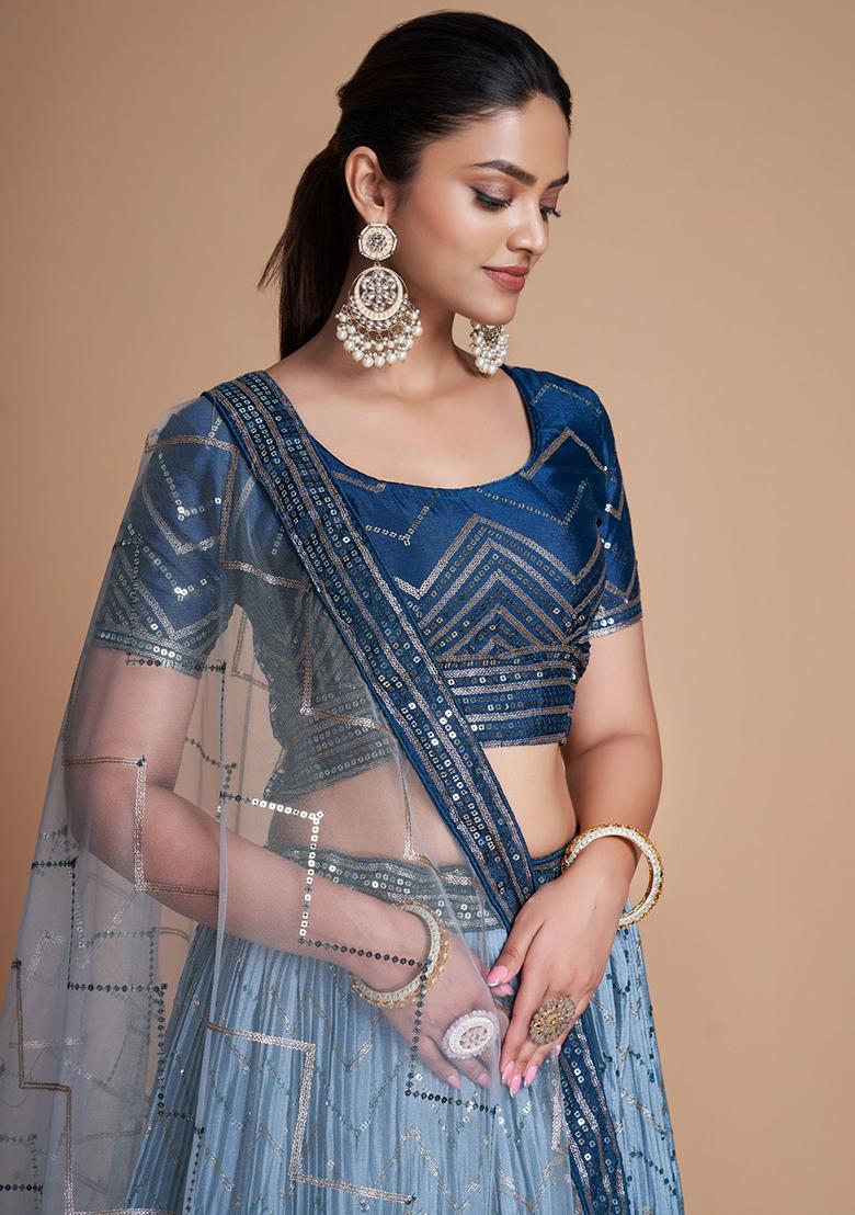 Blue Sequin Embroidered Chinon Lehenga Set