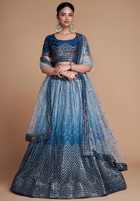 Blue Sequin Embroidered Chinon Lehenga Set