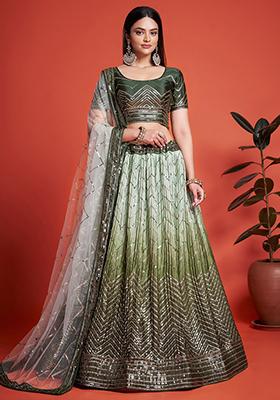 Green Sequin Embroidered Chinon Lehenga Set