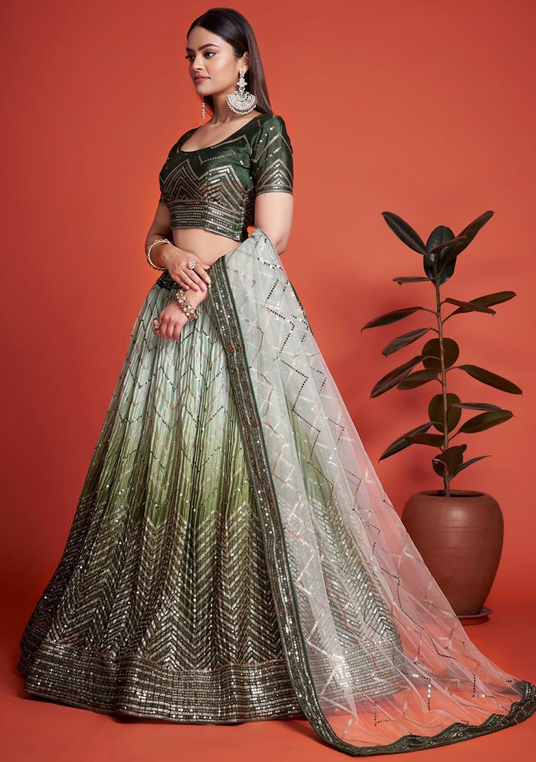 Green Sequin Embroidered Chinon Lehenga Set