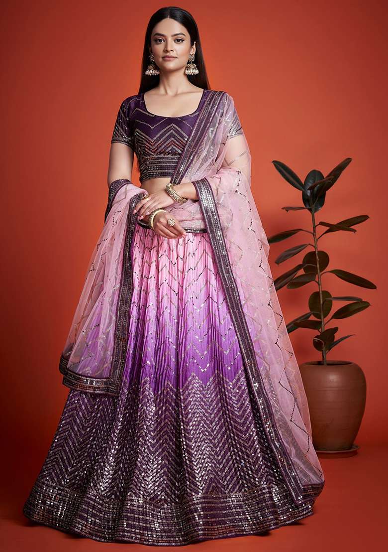 Purple Sequin Embroidered Chinon Lehenga Set for Diwali and Festive Wear - Indya