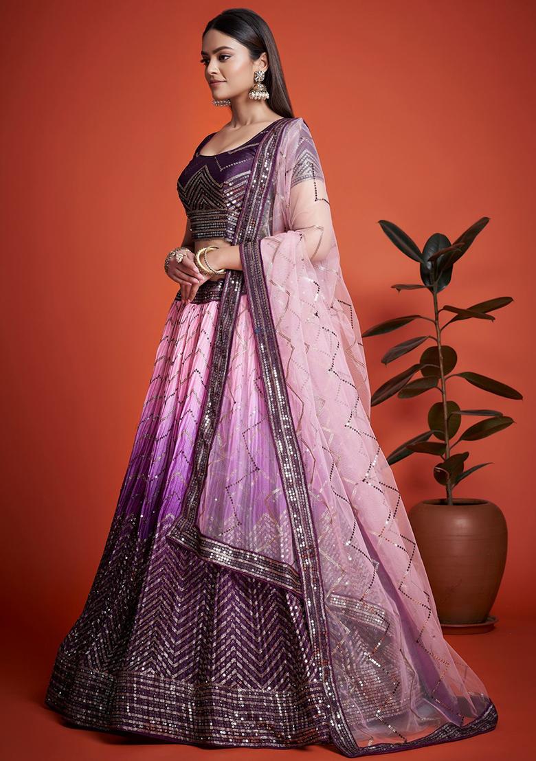 Purple Sequin Embroidered Chinon Lehenga Set