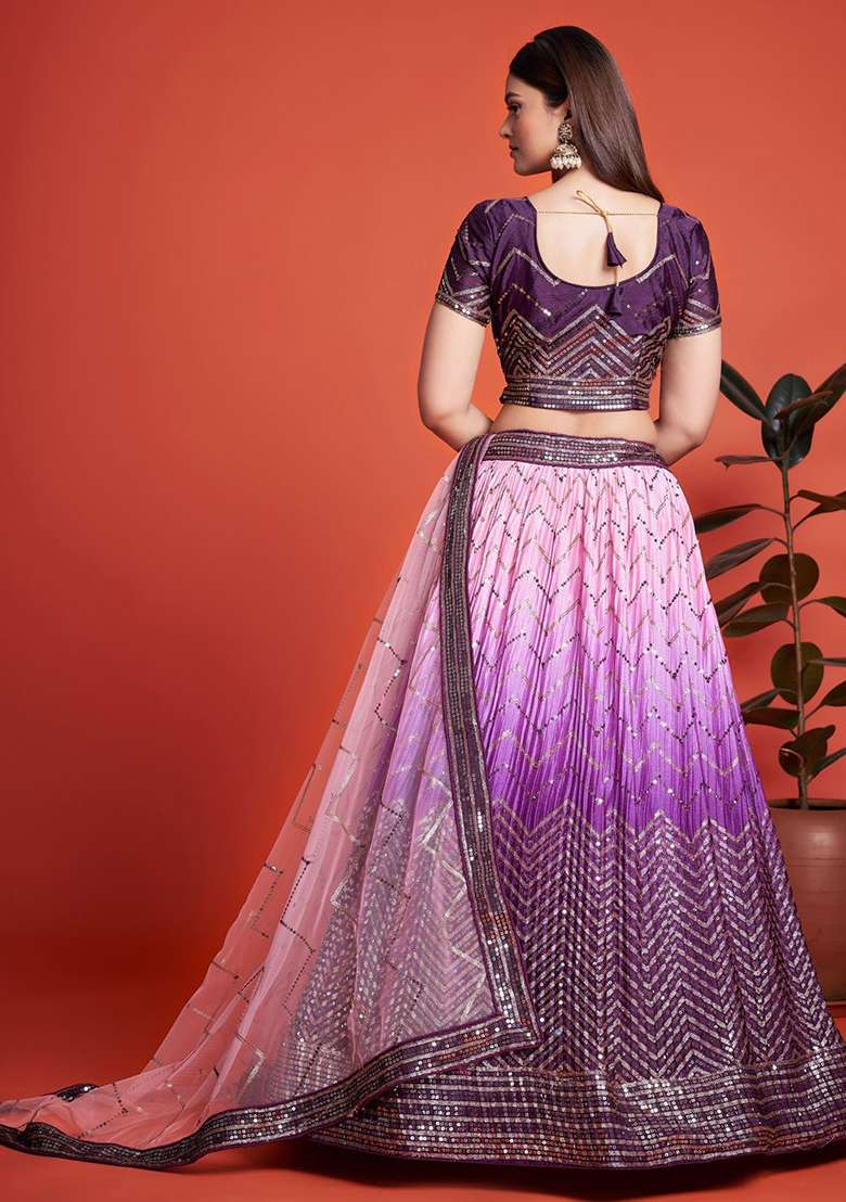 Purple Sequin Embroidered Chinon Lehenga Set for Diwali and Festive Wear - Indya