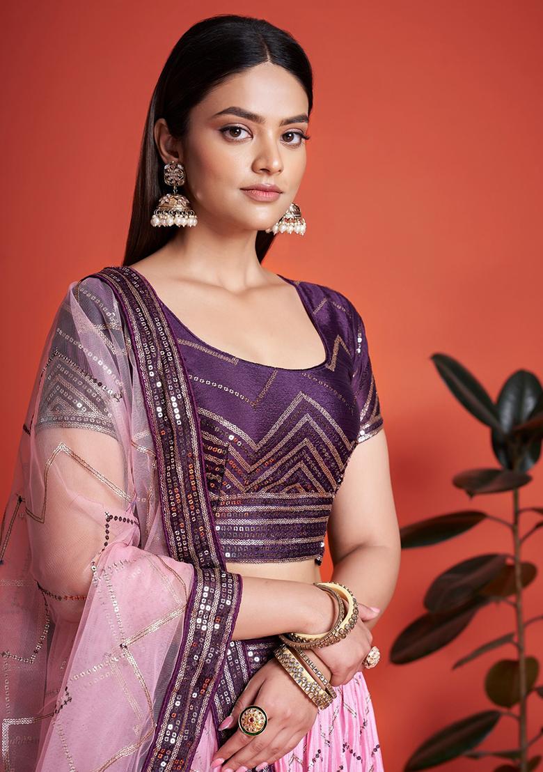 Purple Sequin Embroidered Chinon Lehenga Set
