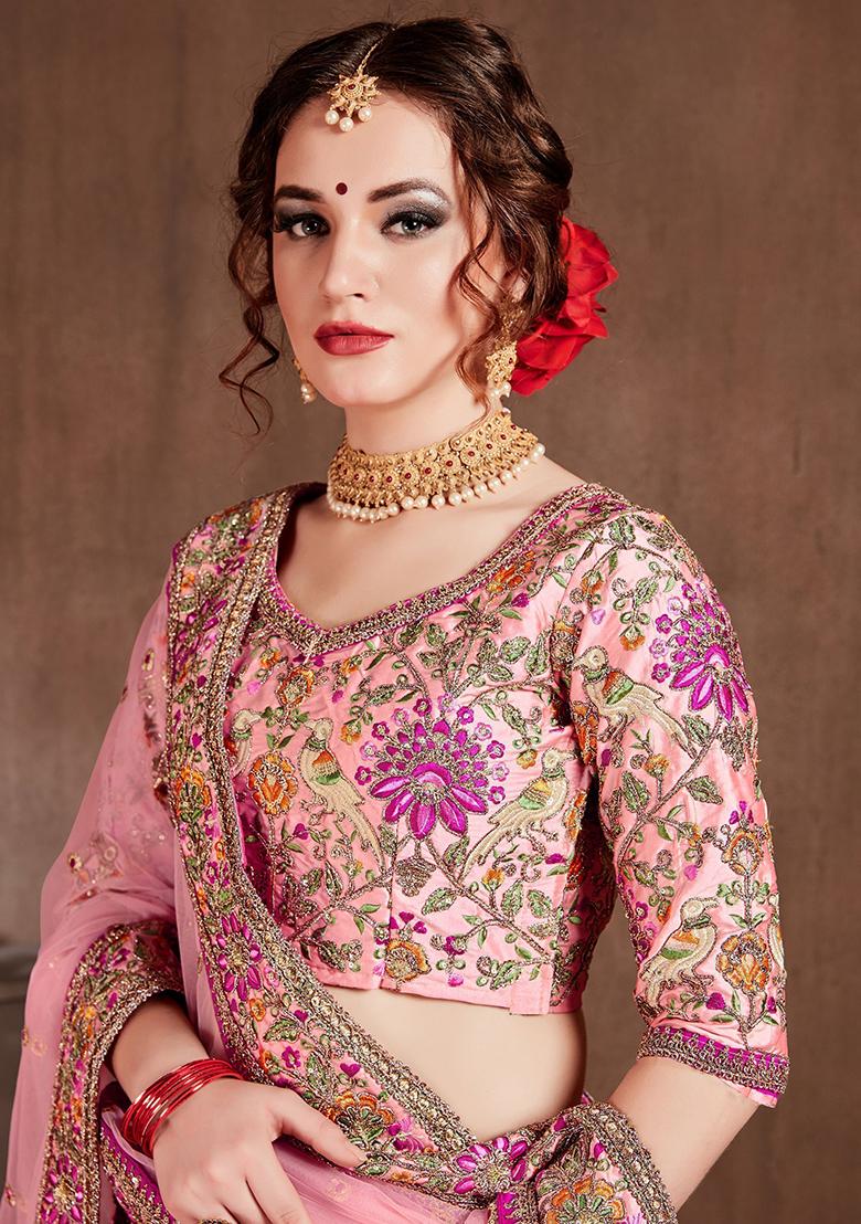 Pink Embroidered Poly Blend Lehenga Set