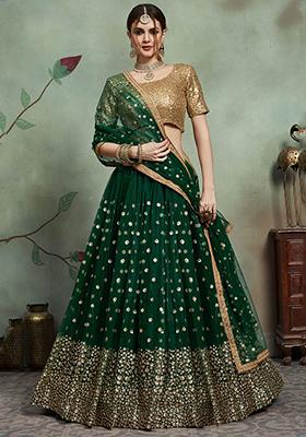 Green Sequin Embroidered Net Lehenga Set