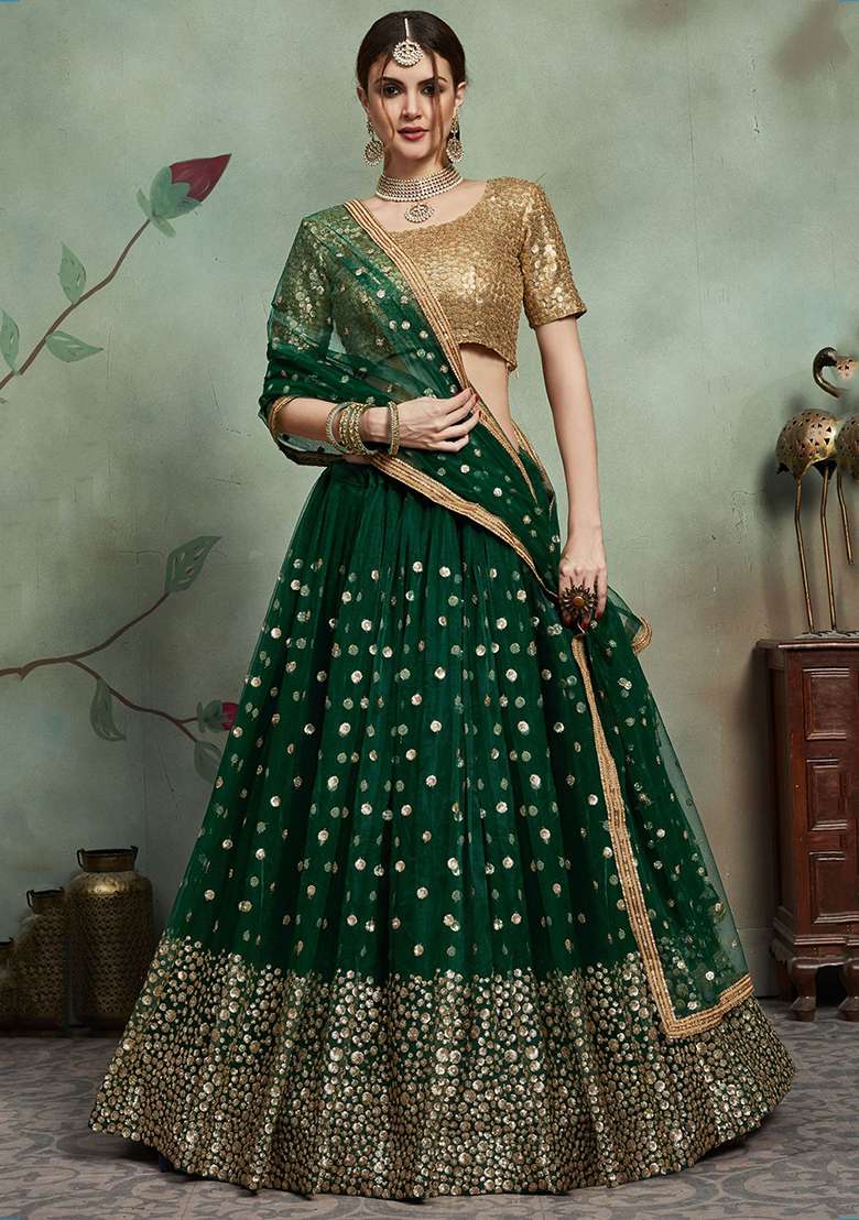 Green Net Lehenga Set with Embroidered & Sequin for Diwali | Wedding & Festive Wear - Indya