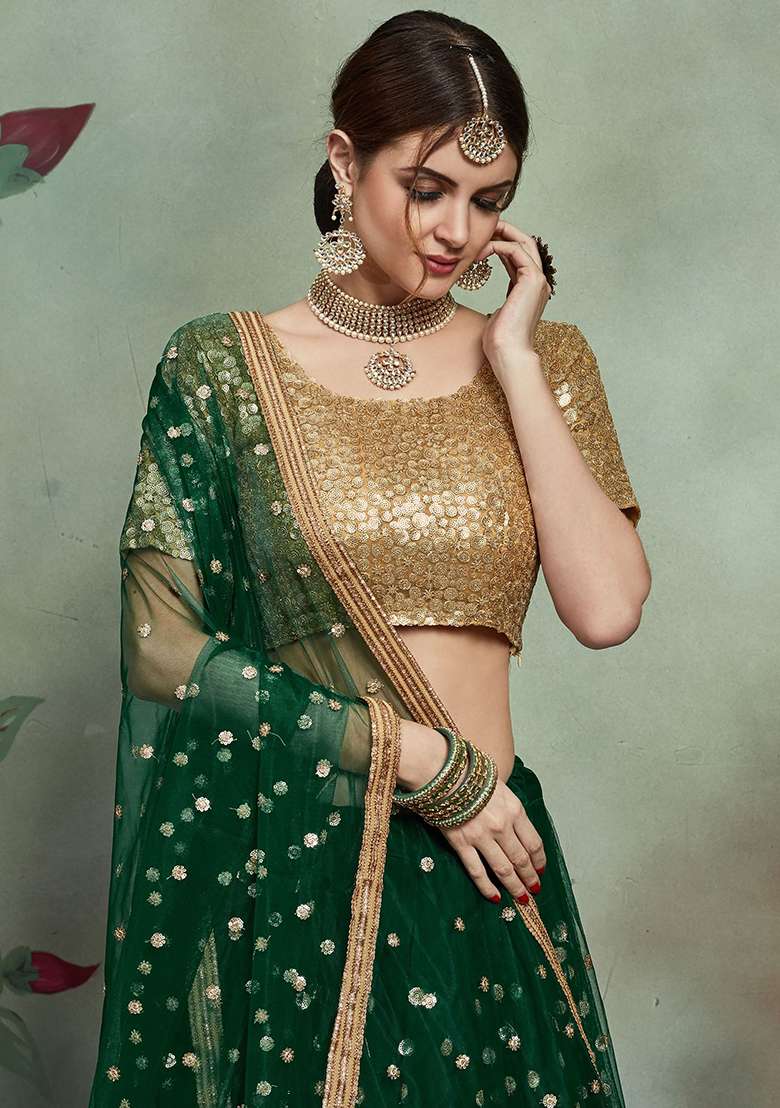 Green Net Lehenga Set with Embroidered & Sequin for Diwali | Wedding & Festive Wear - Indya