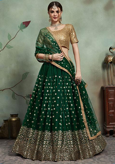 Green Sequin Embroidered Net Lehenga Set