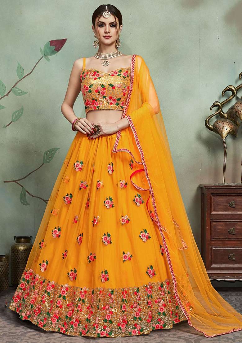 Yellow Sequin Embroidered Net Lehenga Set for Diwali and Festive Wear - Indya