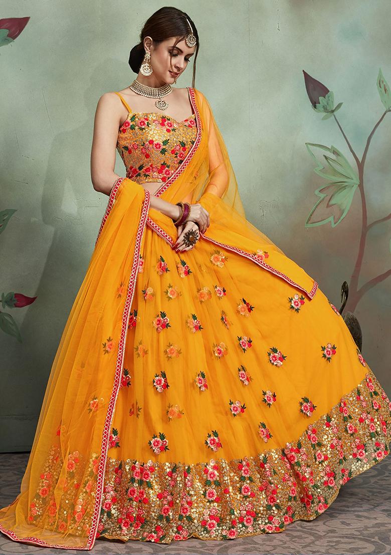 Yellow Sequin Embroidered Net Lehenga Set