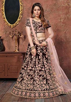 Maroon Embroidered Velvet Lehenga Set