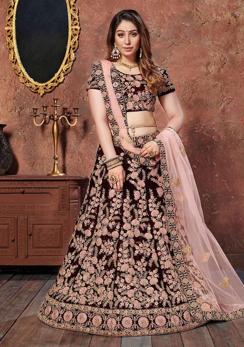 Maroon Velvet Lehenga Set with Embroidered for Diwali | Wedding & Festive Wear - Indya