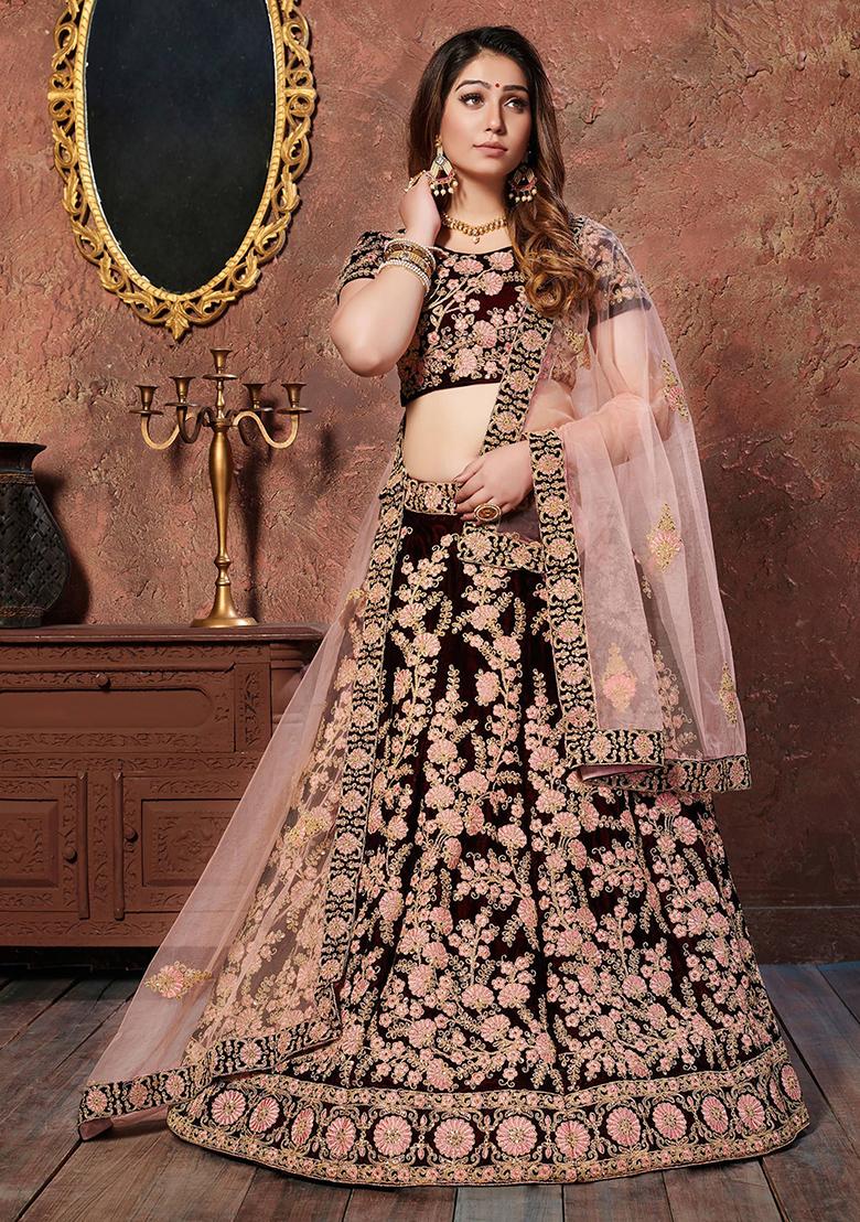 Maroon Embroidered Velvet Lehenga Set