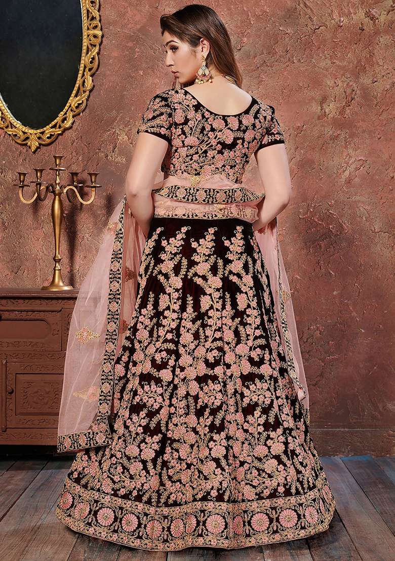 Maroon Velvet Lehenga Set with Embroidered for Diwali | Wedding & Festive Wear - Indya