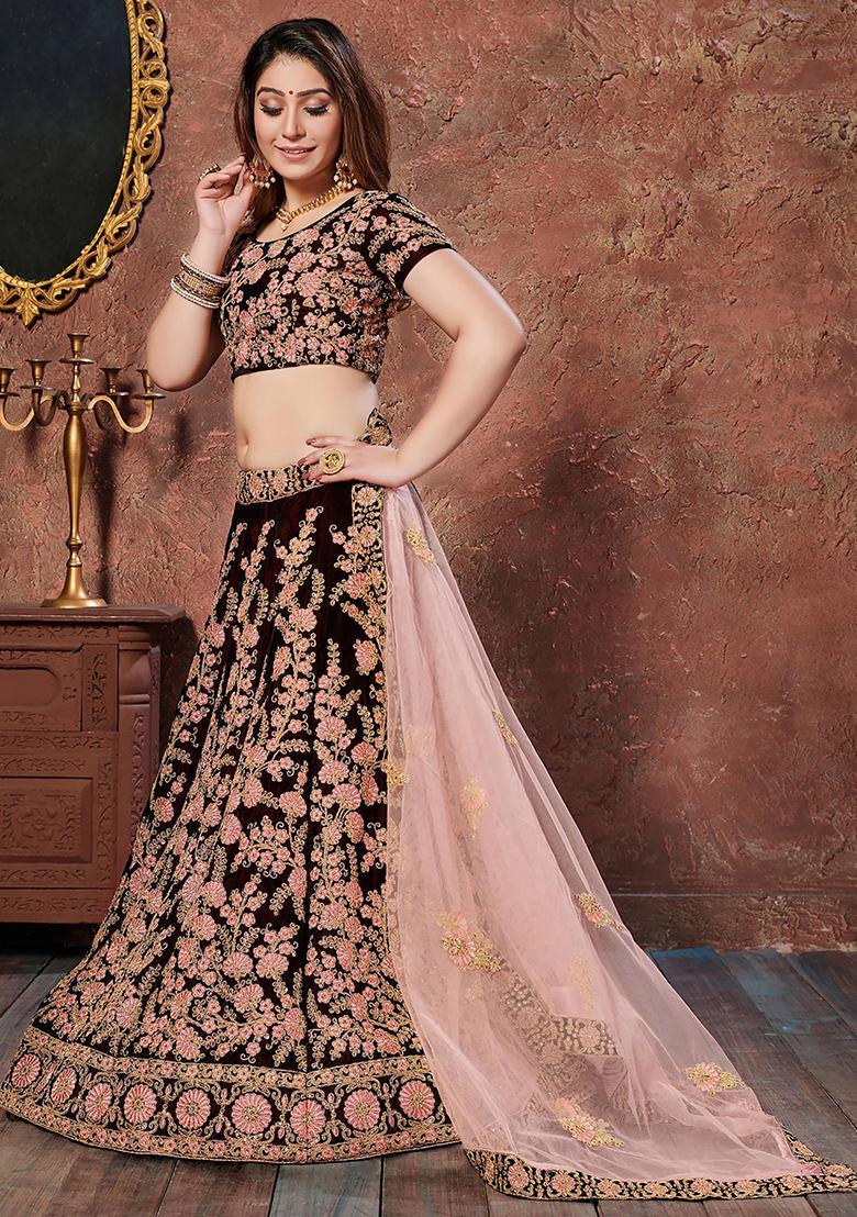 Maroon Embroidered Velvet Lehenga Set