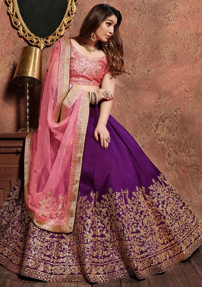 Purple Sequin Embroidered Silk Lehenga Set
