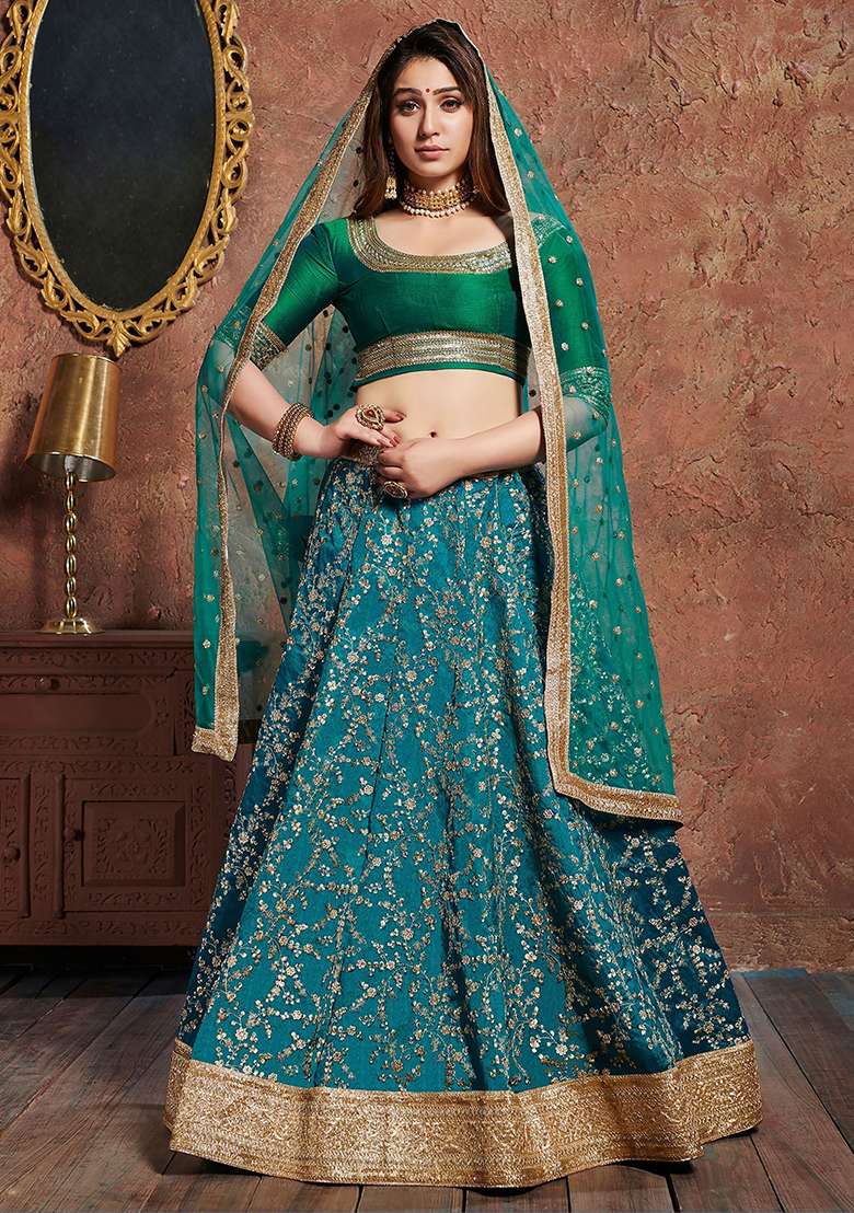 Green Sequin Embroidered Art Silk Blend Lehenga Set for Diwali and Festive Wear - Indya