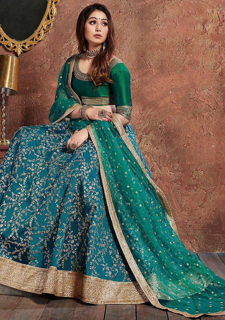 Green Sequin Embroidered Art Silk Lehenga Set