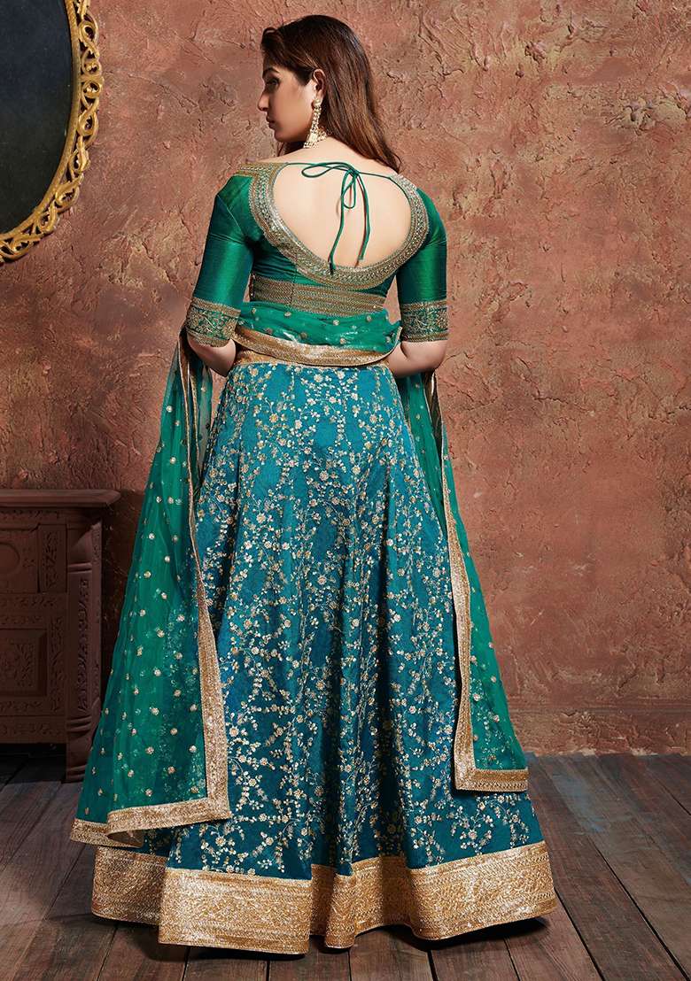 Green Sequin Embroidered Art Silk Blend Lehenga Set for Diwali and Festive Wear - Indya