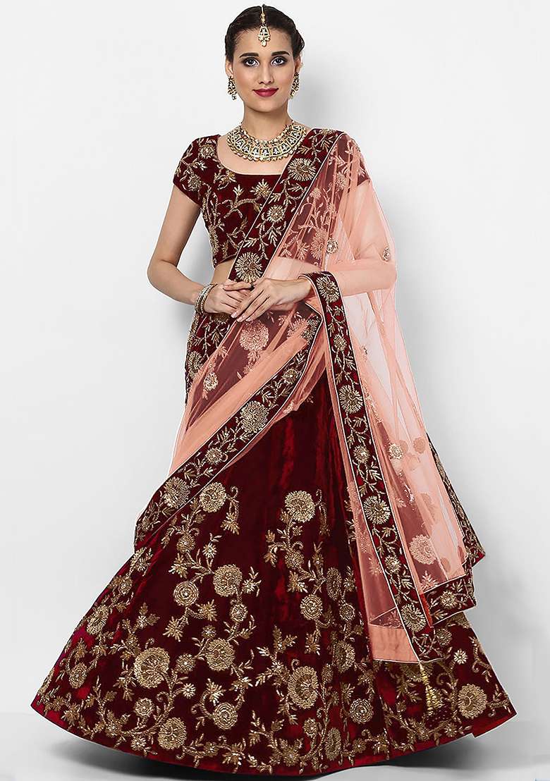 Maroon Embroidered Velvet Lehenga Set - Indya