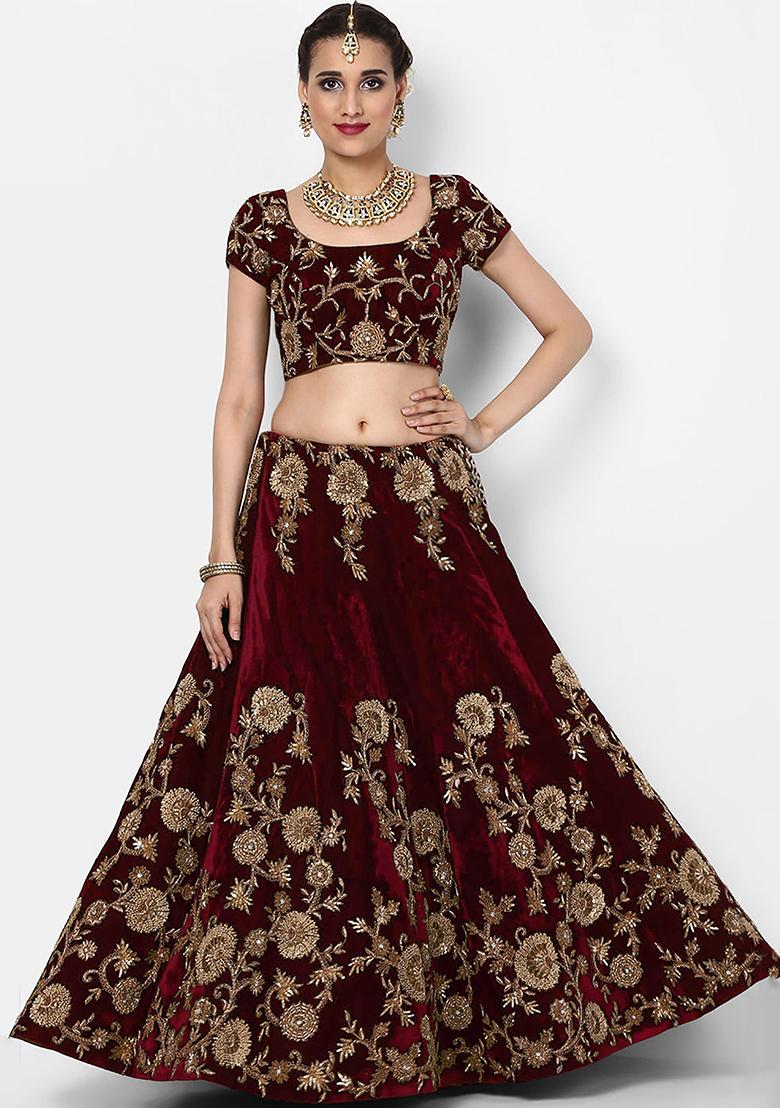Maroon Embroidered Velvet Lehenga Set