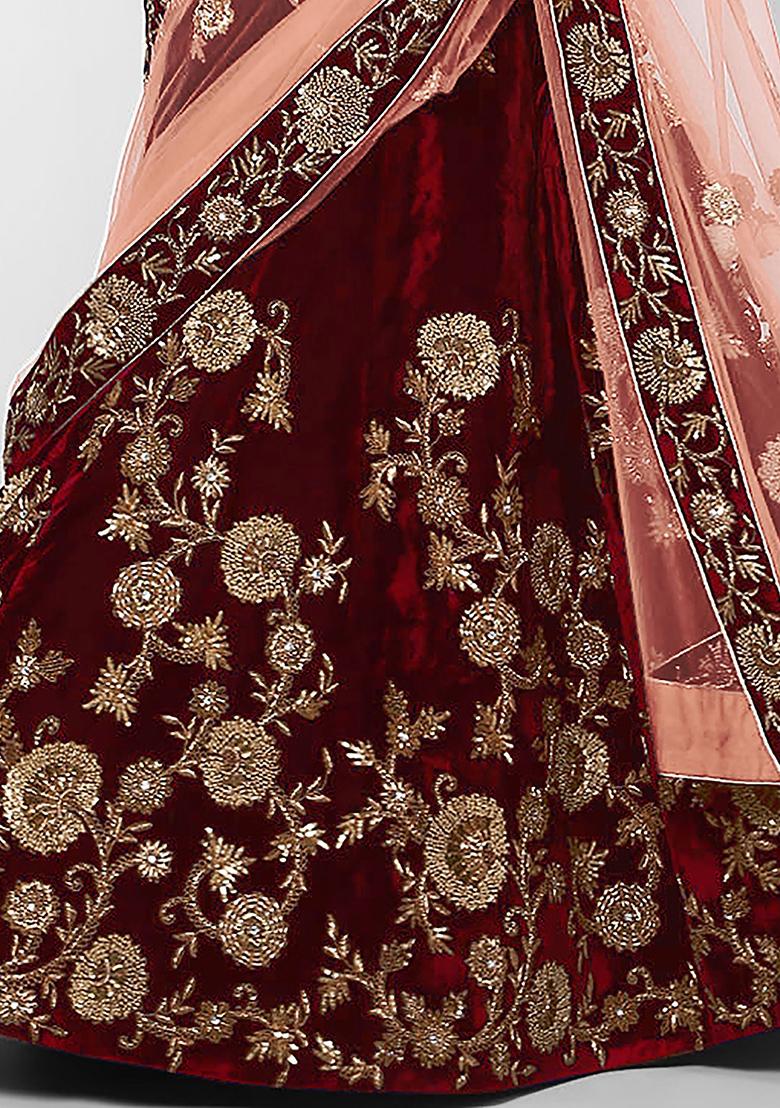 Maroon Embroidered Velvet Lehenga Set