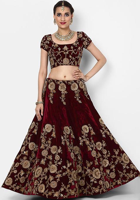Embroidered Velvet Lehenga in Maroon main image 0