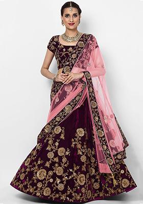 Purple Embroidered Velvet Lehenga Set