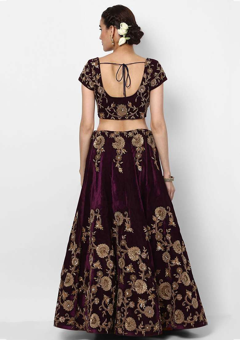 Purple Velvet Lehenga Set with Embroidered for Diwali | Wedding & Festive Wear - Indya