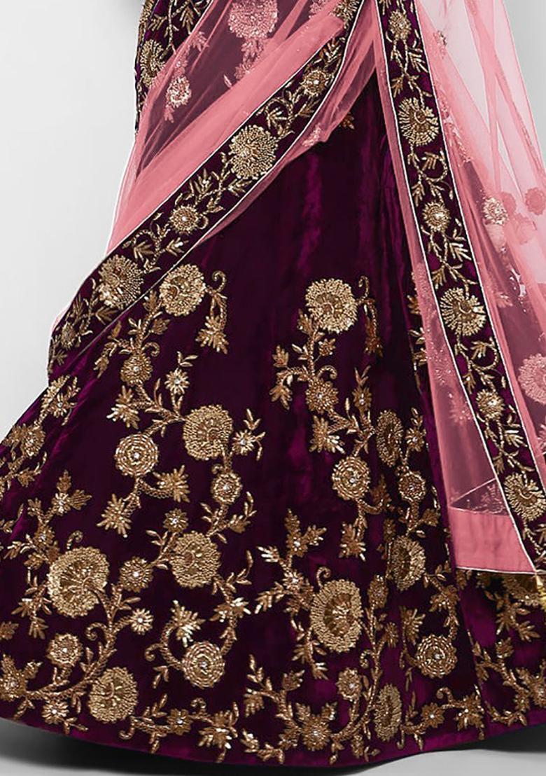 Purple Embroidered Velvet Lehenga Set