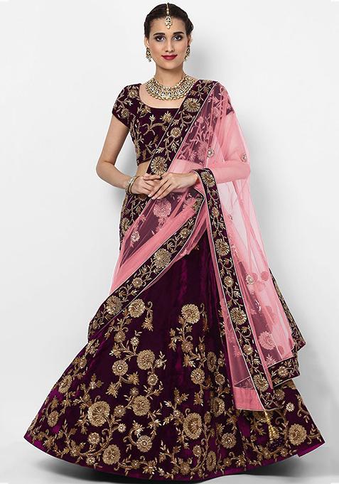 Purple Embroidered Velvet Lehenga Set