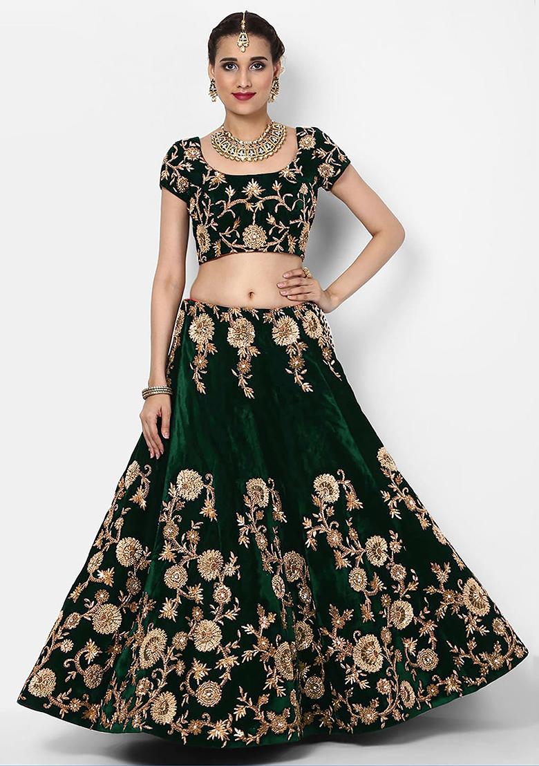 Green Embroidered Velvet Lehenga Set