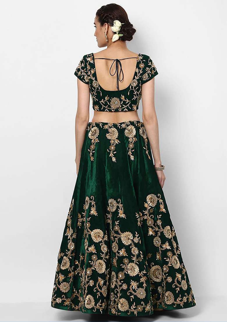 Green Embroidered Velvet Lehenga Set for Diwali and Festive Wear - Indya