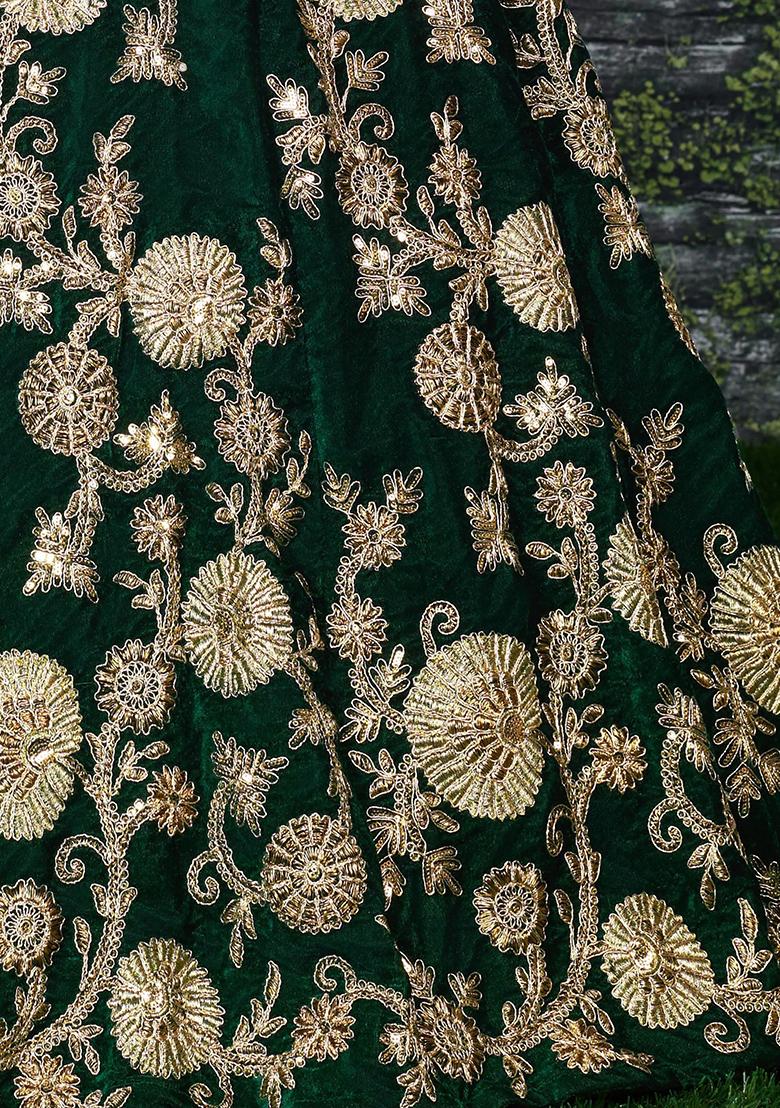Green Embroidered Velvet Lehenga Set