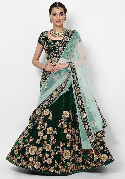 Green Embroidered Velvet Lehenga Set — view on Indya