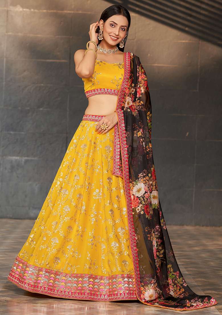 Yellow Sequin Embroidered Georgette Lehenga Set for Diwali and Festive Wear - Indya